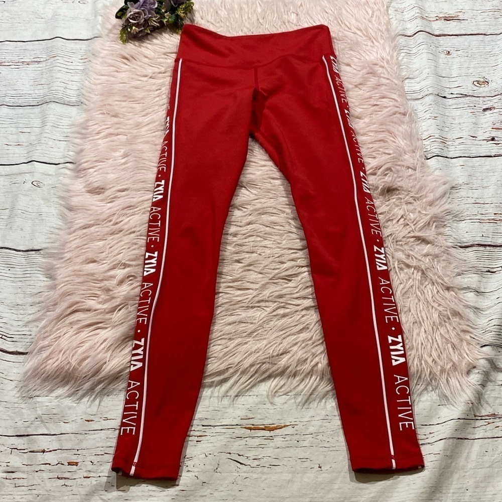 ZYIA Red Leggings with White Side Logo Trim